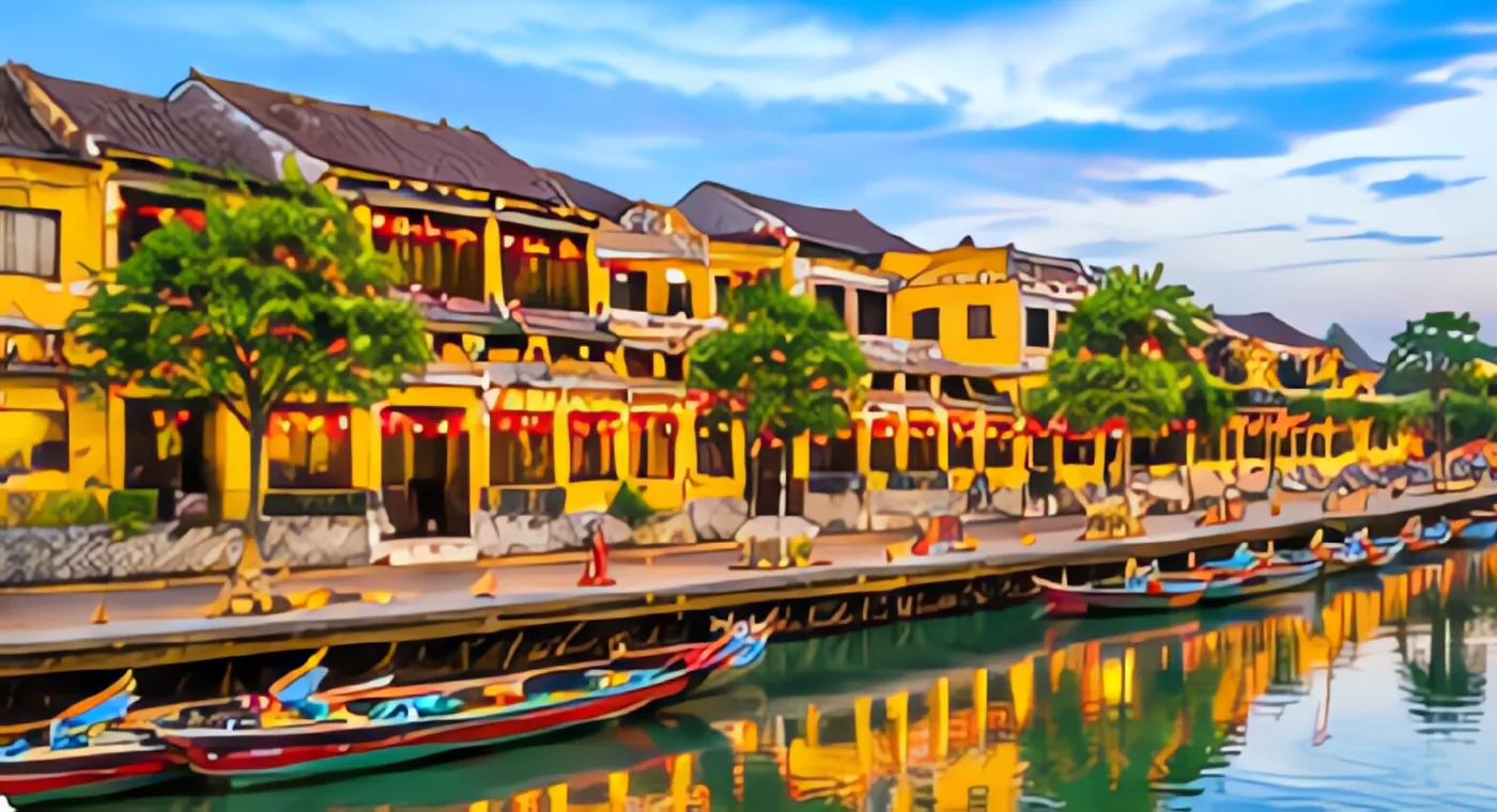 Dãy nhà cổ tường vàng bên sông Hoài lúc chiều muộn