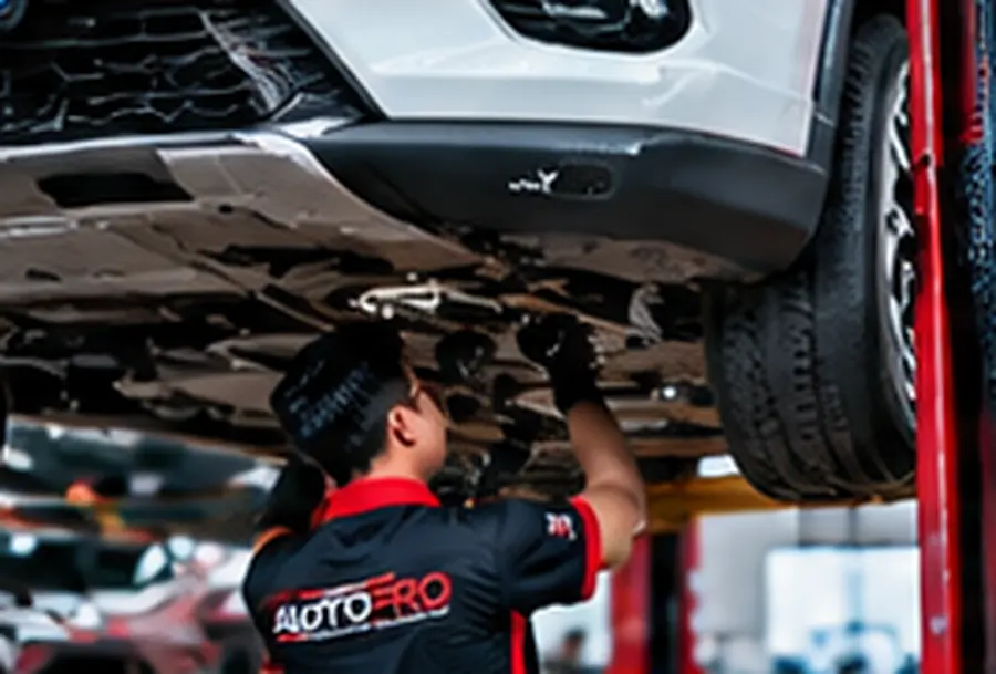 Xe được nâng lên cầu để kiểm tra rò rỉ dầu, cao su chân máy và hệ thống treo
