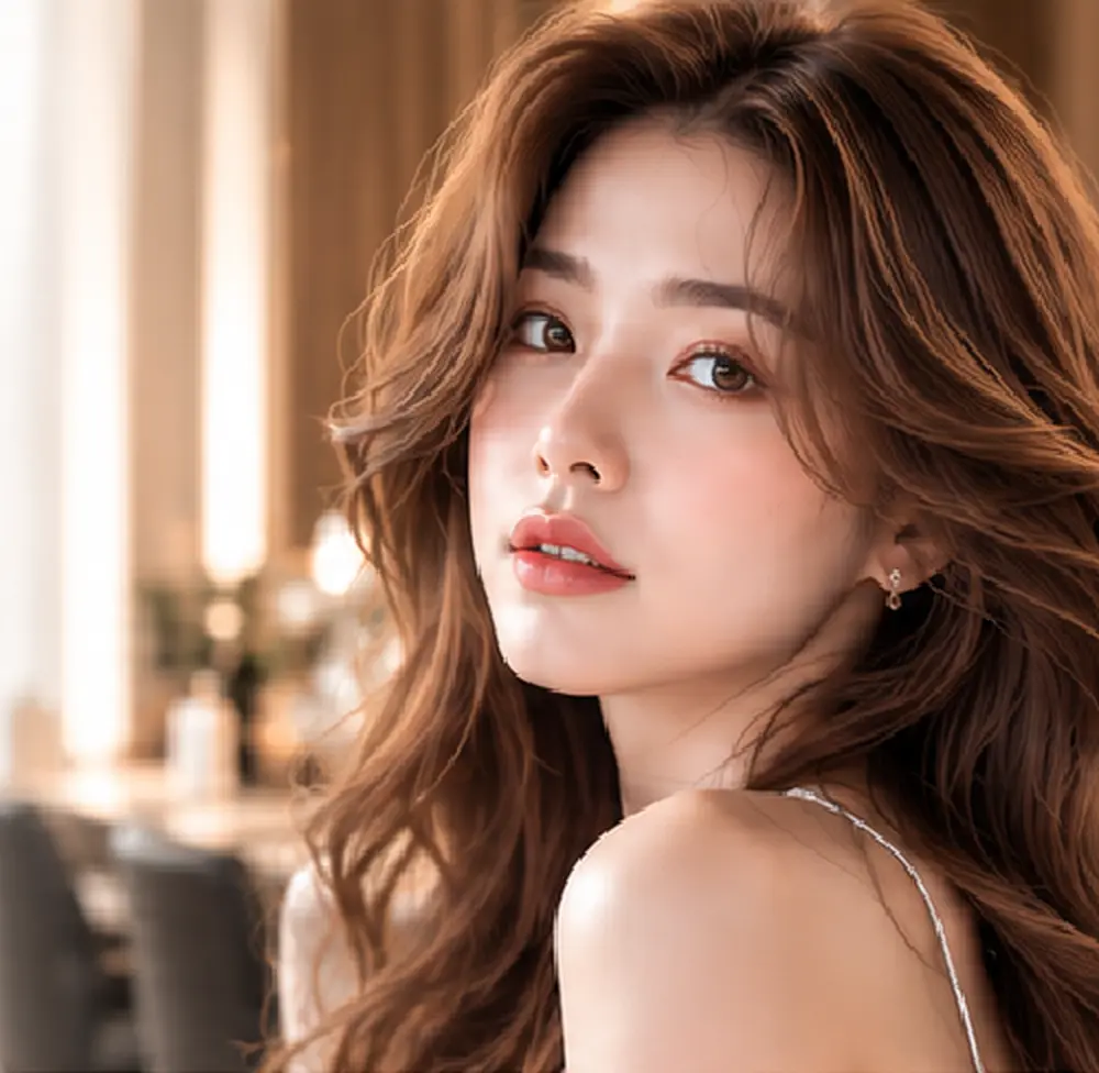 Stylist đang sấy phồng các tầng tóc layer bươm bướm cho khách tóc dài màu nâu